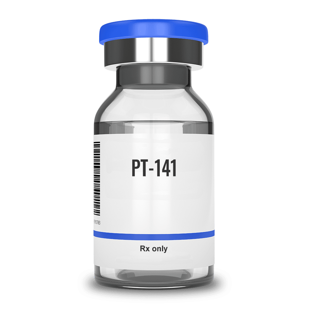 A clear vial labeled PT-141 with a blue cap and a white label, including a barcode and text Rx only on a plain white background.